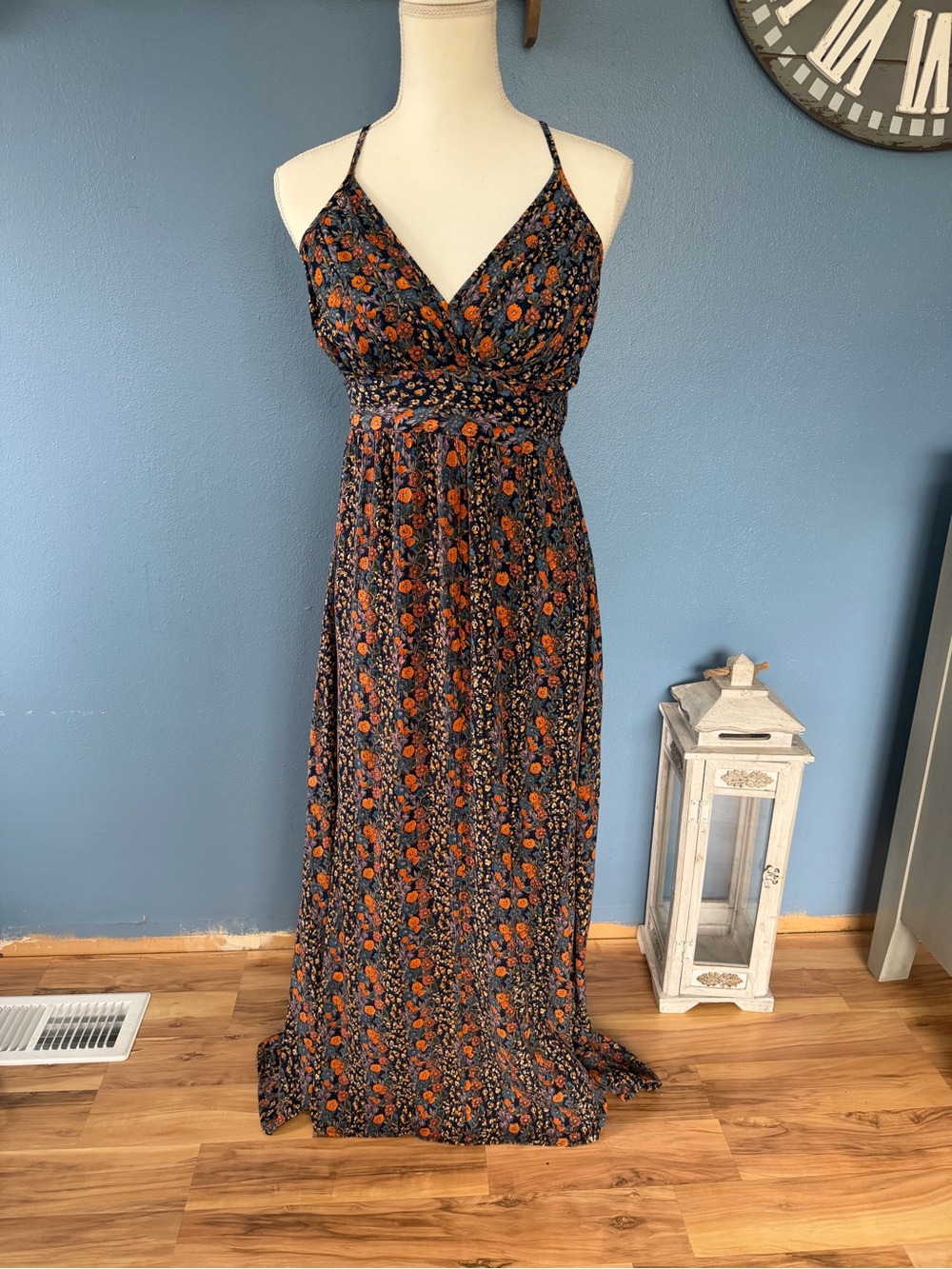 Spaghetti Strap Floral Maxi Dress - Navy with Orange Floral